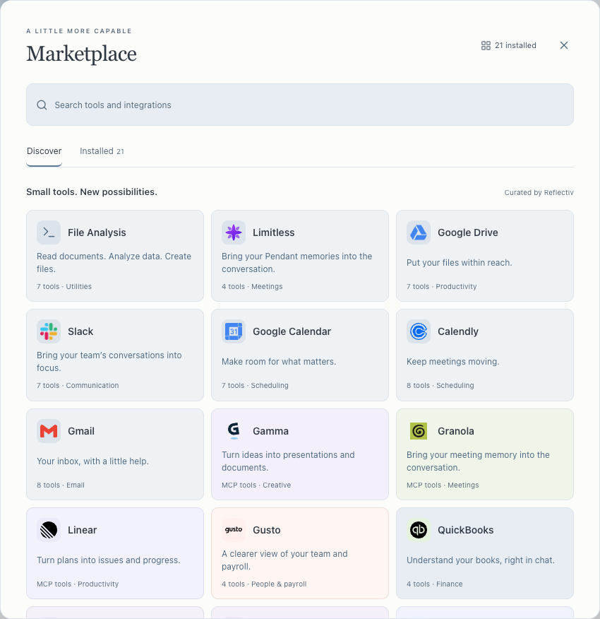 Reflectiv marketplace with searchable integrations